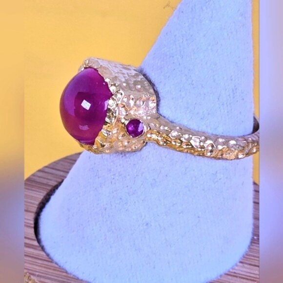 925 Sterling Silver 14K Gold Plated Avant-Garde Ring with Natural Ruby Gemstone - Picture 11 of 14